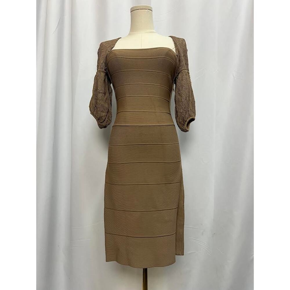 NWT! Herve Leger Paris Square Neckline Dress BROWN‎ XX-SMALL
